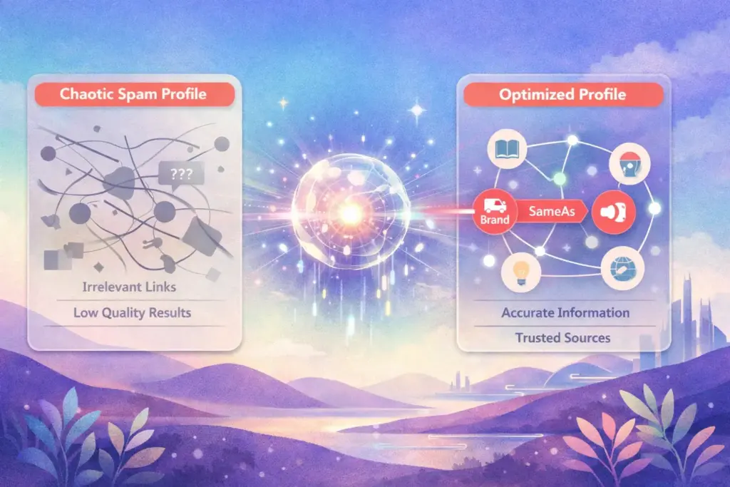 An infographic illustrating generative AI search evaluation of high da profile backlinks. It contrasts a 'Chaotic Spam Profile' with disconnected nodes against an 'Optimized Profile' linked by a bright coral 'SameAs' anchor within a structured Knowledge Graph.