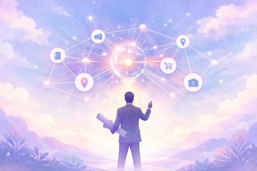 A professional soft-vector illustration with light watercolor textures showing a digital architect building a network of high da profile backlinks. The image features a bright, ethereal palette of pale lavender and soft coral, symbolizing high-authority link strategy and semantic entity growth.