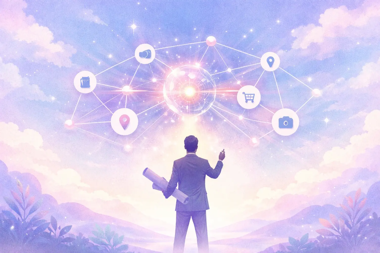 A professional soft-vector illustration with light watercolor textures showing a digital architect building a network of high da profile backlinks. The image features a bright, ethereal palette of pale lavender and soft coral, symbolizing high-authority link strategy and semantic entity growth.